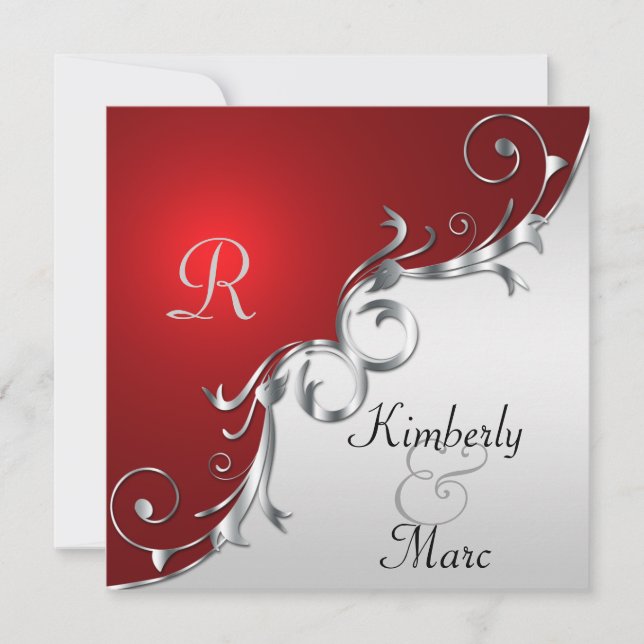 Elegante Invitación a la boda roja y plateada (Anverso)
