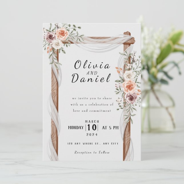 Elegante invitación a la boda rosa (Anverso de pie)