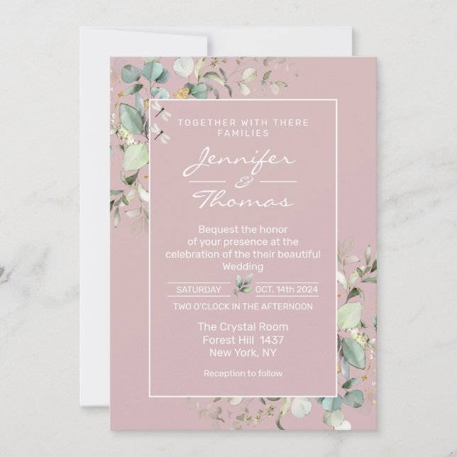 Elegante invitación a la boda rosa de Rubor Minima (Anverso)