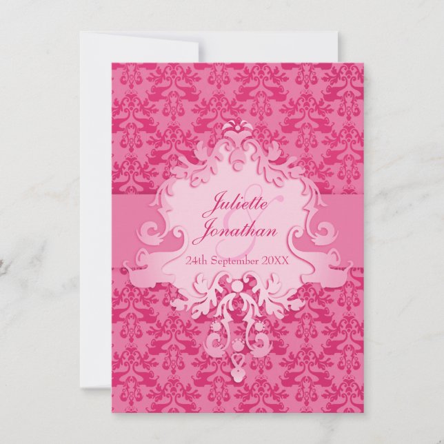 Elegante invitación a la boda rosa del damasco del (Anverso)