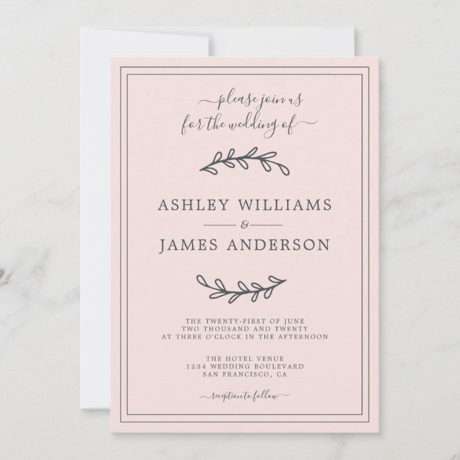 Elegante invitación a la boda rosa del Pastel (Anverso)