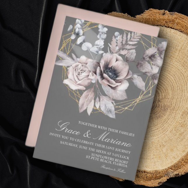 Elegante Invitación a la Boda Rosa Gris Floral (Subido por el creador)