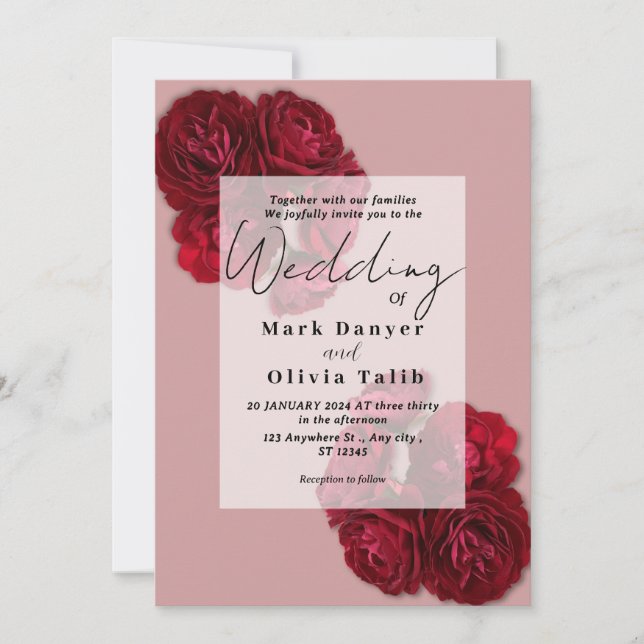 Elegante Invitación a la Boda Rosa Roja - Romántic (Anverso)