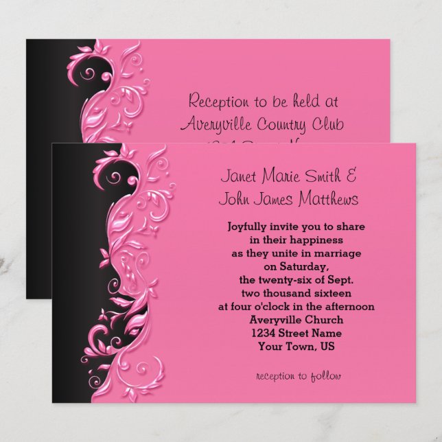 Elegante invitación a la boda rosada y negra de Fl (Anverso / Reverso)