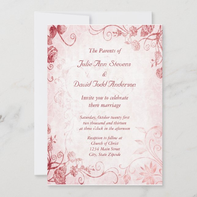 Elegante invitación a la boda rosada y roja (Anverso)