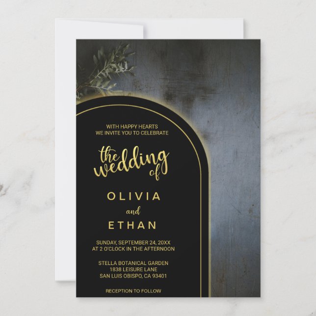 Elegante invitación a la boda rústica en negro y o (Anverso)