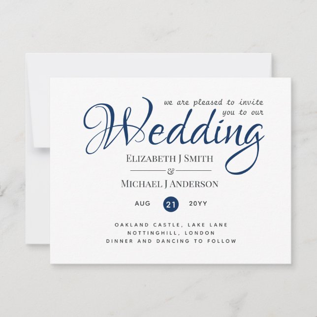 Elegante Invitación a la Boda Sencilla Marina Azul (Anverso)