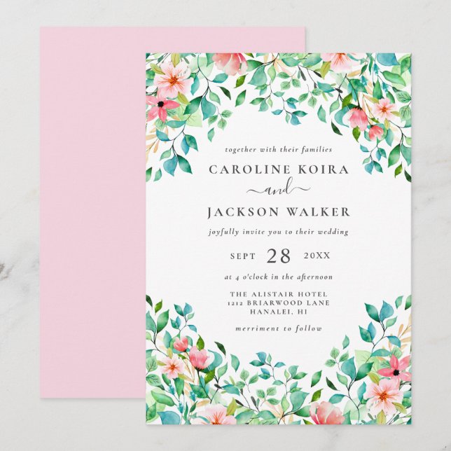 Elegante invitación a la boda tropical (Anverso / Reverso)