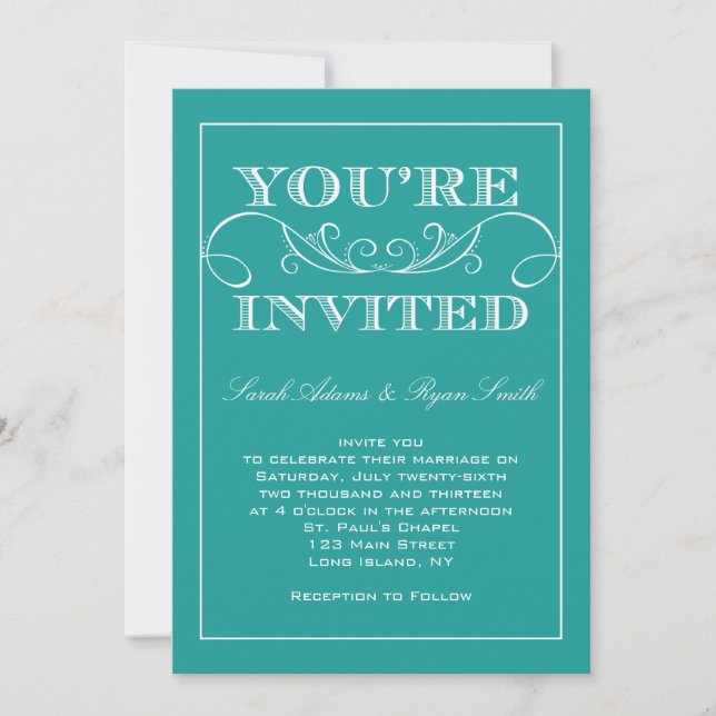 Elegante invitación a la boda turquesa (Anverso)