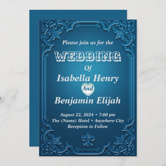 Elegante invitación a la boda turquesa con decorac (Anverso / Reverso)