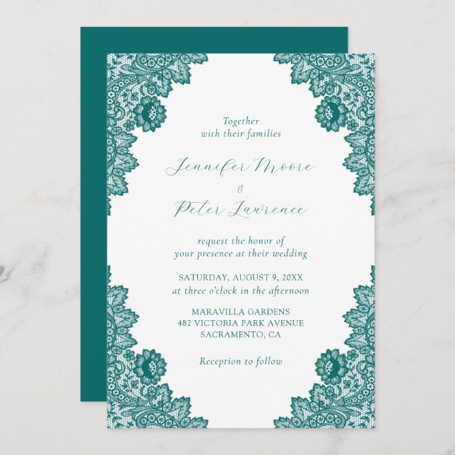 Elegante invitación a la boda Verde azulada de enc (Anverso / Reverso)
