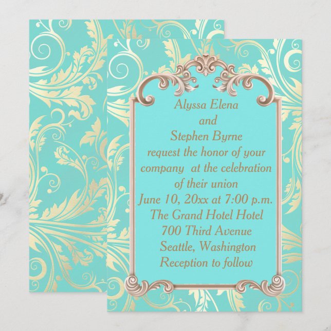 Elegante invitación a la Boda Verde azulada y de O (Anverso / Reverso)