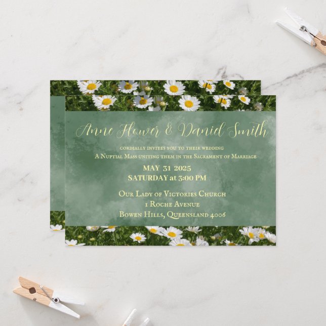 Elegante invitación a la boda verde católica (Anverso/Reverso In Situ)