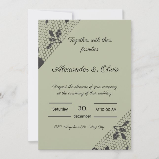 Elegante invitación a la Boda Verde con Flora Negr (Anverso)