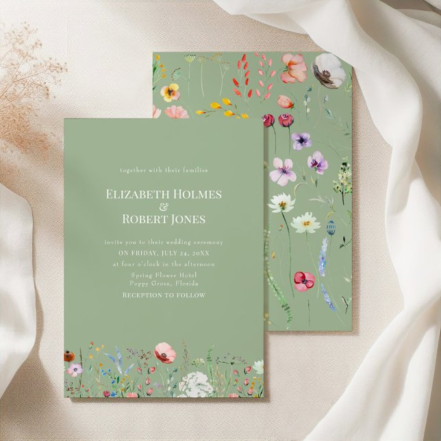 Elegante Invitación a la Boda Verde de Flor Silves (Elegant Wildflower Sage Green Wedding Invitation on a silk tablecloth with botanicals)