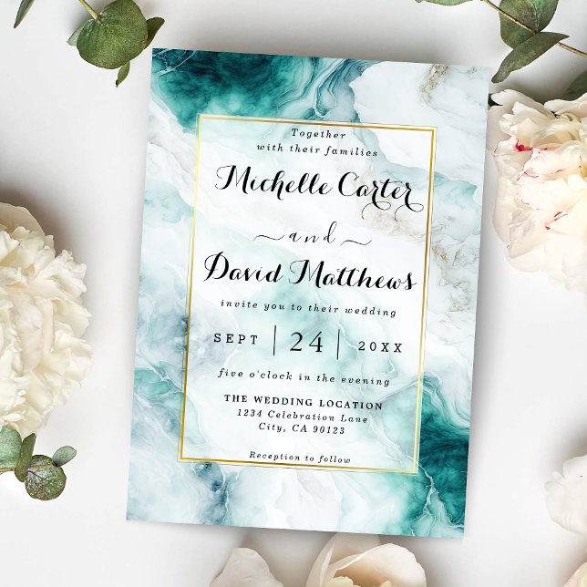 Elegante Invitación a la Boda Verde de Mármol Peac (Subido por el creador)