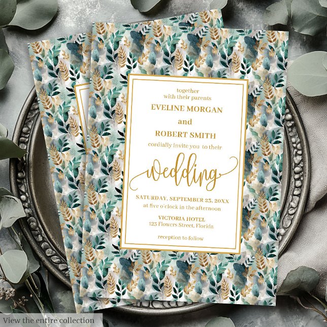 Elegante Invitación a la Boda Verde de Oro de Caza (Stylish Hunter Green Gold Greenery Wedding Invitation)