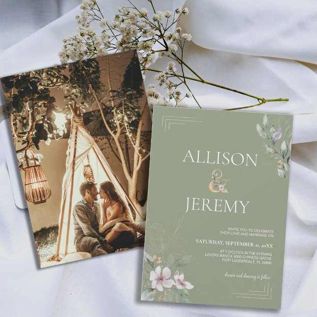 Elegante Invitación a la Boda Verde de Oro Jaula B (Sage Green Botanical Spring Wedding Invite)