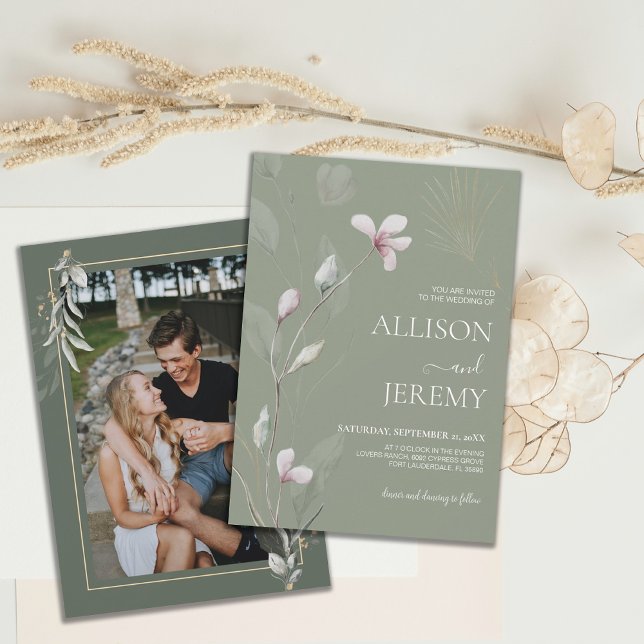 Elegante Invitación a la Boda Verde de Oro Jaula B (sage green gold botanical minimalist photo wedding invite)