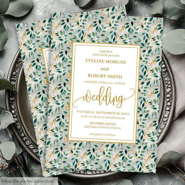 Elegante Invitación a la Boda Verde de Oro Verde O (Elegant Dark Green Gold Foliage Wedding Invitation)