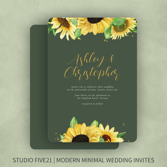 Elegante invitación a la boda verde del girasol rú (Subido por el creador)