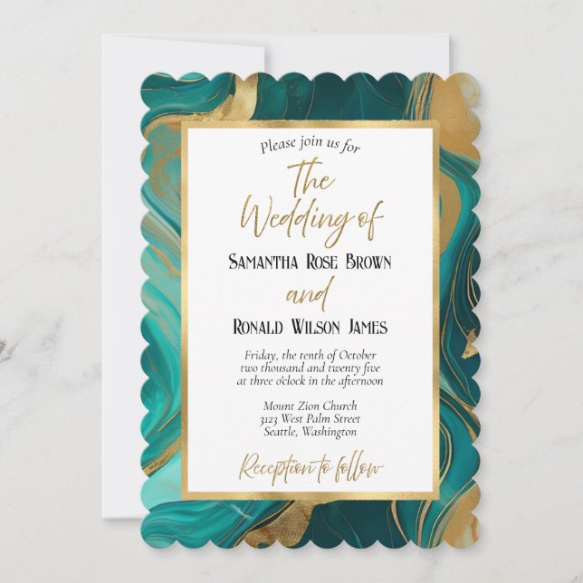 Elegante Invitación a la Boda Verde Esmeralda y Or (Anverso)