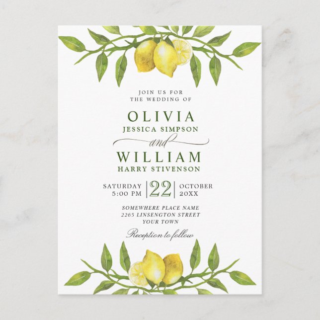 Elegante Invitación a la Boda Verde Lemons (Anverso)