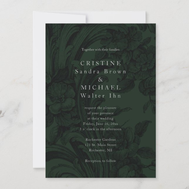 Elegante invitación a la boda verde oscuro (Anverso)
