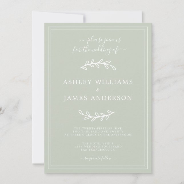Elegante invitación a la Boda Verde Pastel (Anverso)