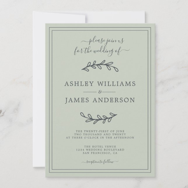 Elegante invitación a la Boda Verde Pastel (Anverso)