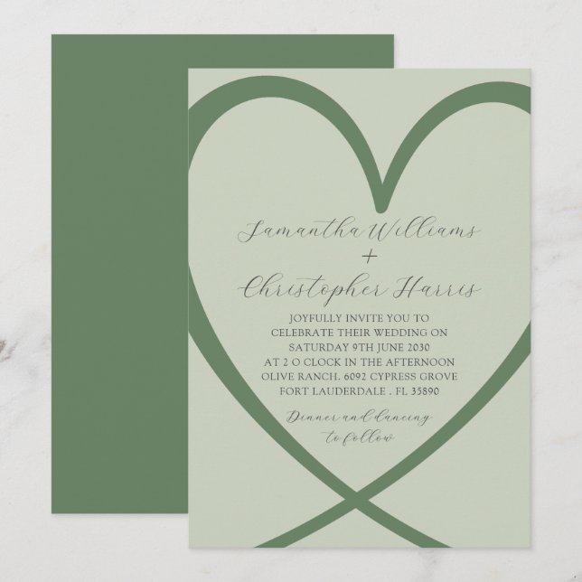 Elegante Invitación a la Boda Verde Sage Heart (Anverso / Reverso)