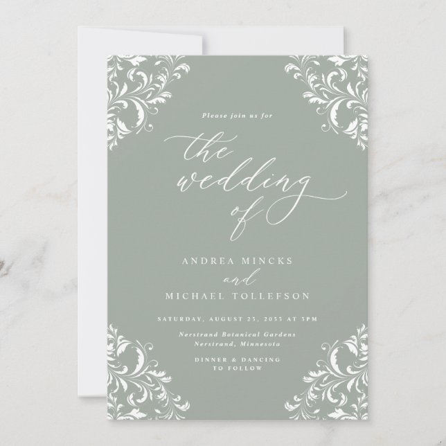 Elegante Invitación a la Boda Verde Vintage (Anverso)