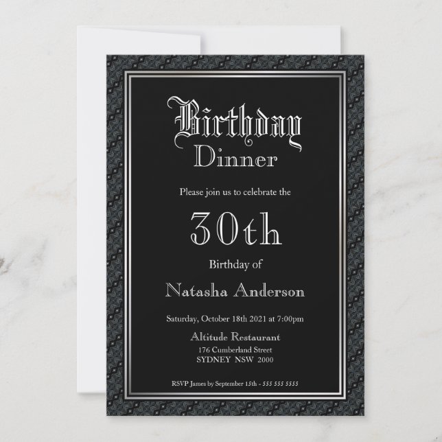 Elegante invitación a la cena de cumpleaños 30 neg (Anverso)