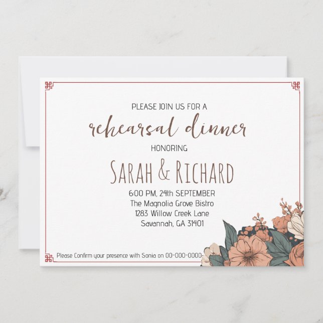 Elegante Invitación a la cena de ensayo floral (Anverso)