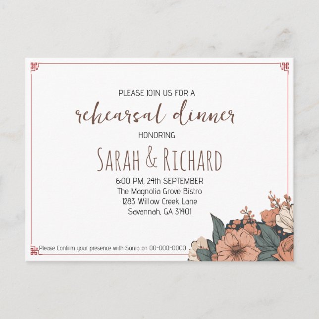 Elegante Invitación a la cena de ensayo floral (Anverso)
