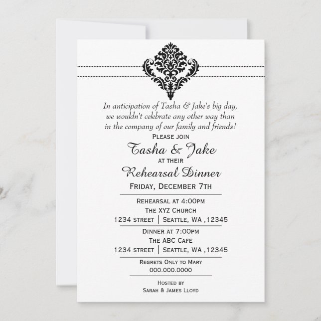 Elegante invitación a la cena de estilo negro orna (Anverso)