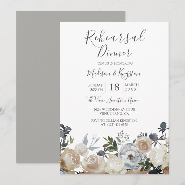 Elegante Invitación a la cena de Gris y Ensayos (Anverso / Reverso)