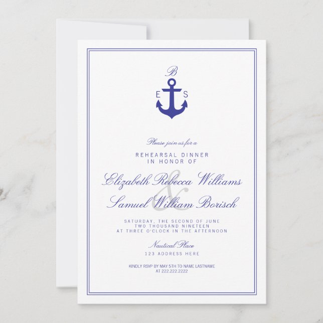 Elegante Invitación a la cena de monograma náutico (Anverso)
