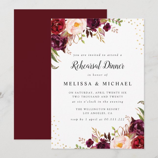 elegante invitación a la cena de un ensayo burdeos (Anverso / Reverso)