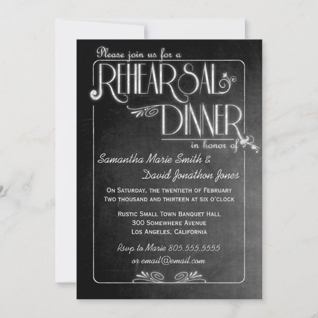 Elegante invitación a la cena de un ensayo en un t (Anverso)