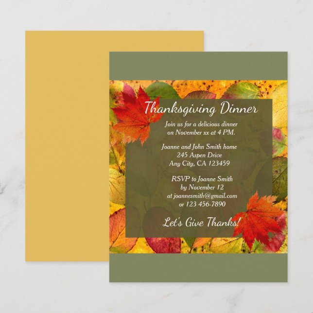 Elegante Invitación a la cena del Día de Acción de (Anverso / Reverso)