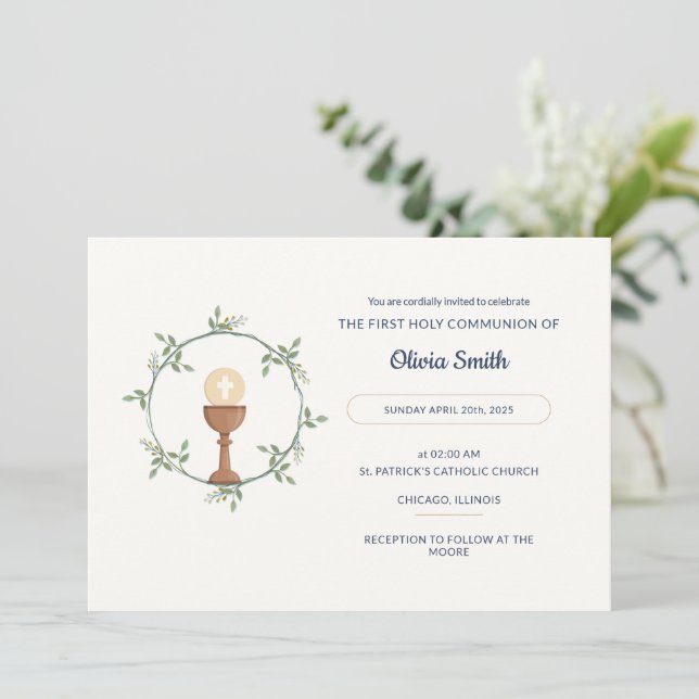 Elegante Invitación a la Comunión - Floral Wreath  (Anverso de pie)