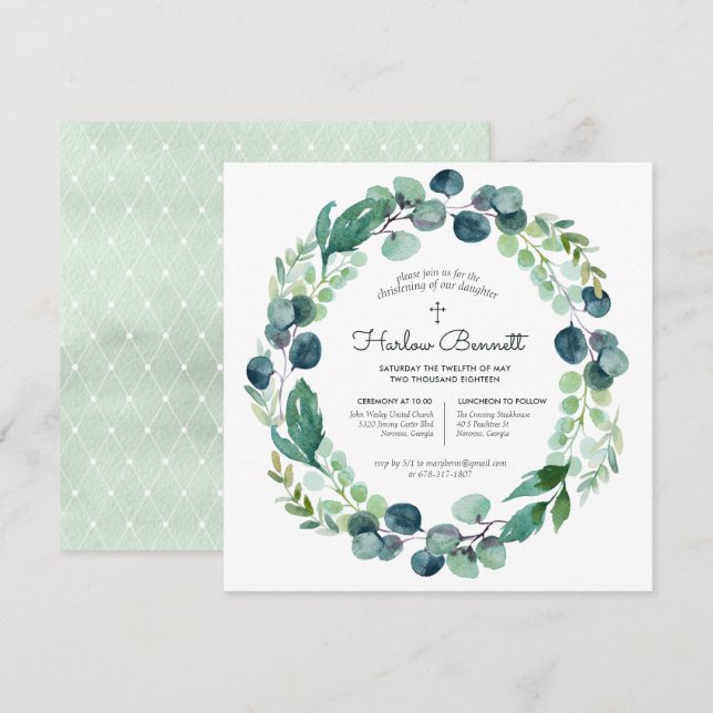 Elegante invitación a la cristiandad de Eucalipto (Anverso / Reverso)