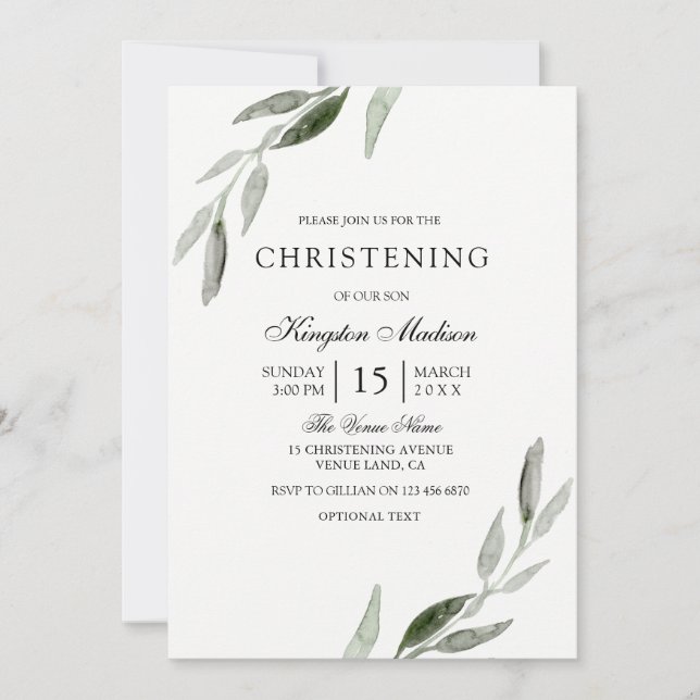 Elegante Invitación a la cristiandad de hojas verd (Anverso)