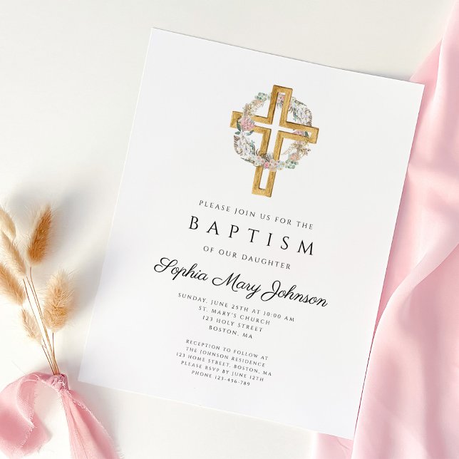 Elegante Invitación a la cruz de flores (Elegant Floral Wreath Cross Baptism Invitation)