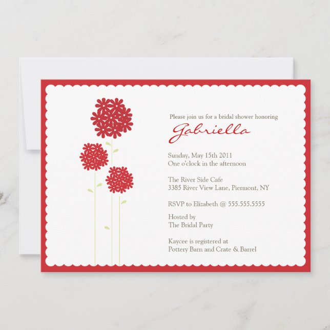 Elegante Invitación a la ducha con flores rojas (Anverso)