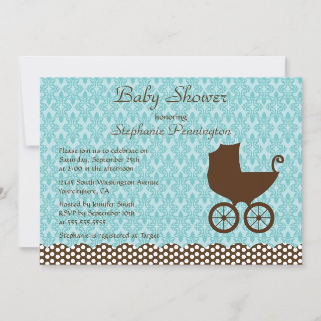 Elegante invitación a la ducha de carro damasco (Anverso)