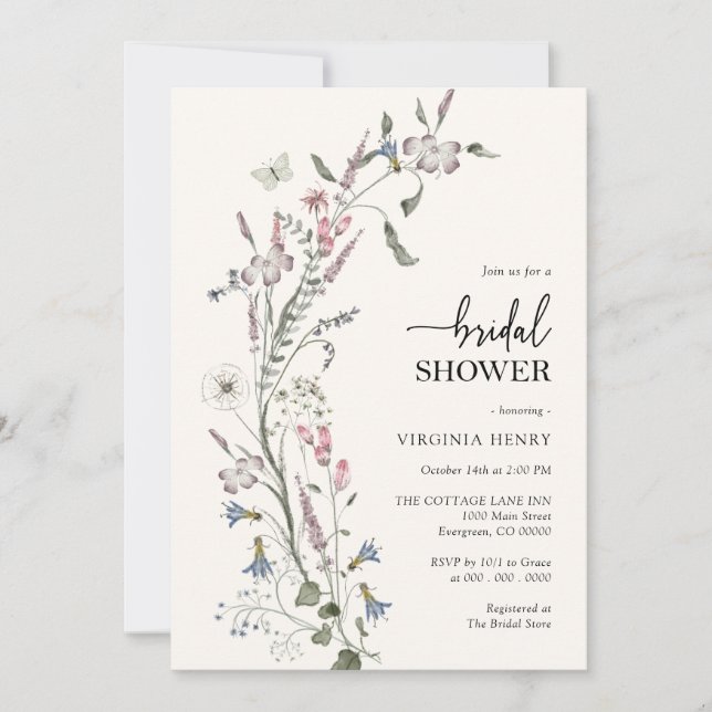 Elegante Invitación a la ducha de flores silvestre (Anverso)