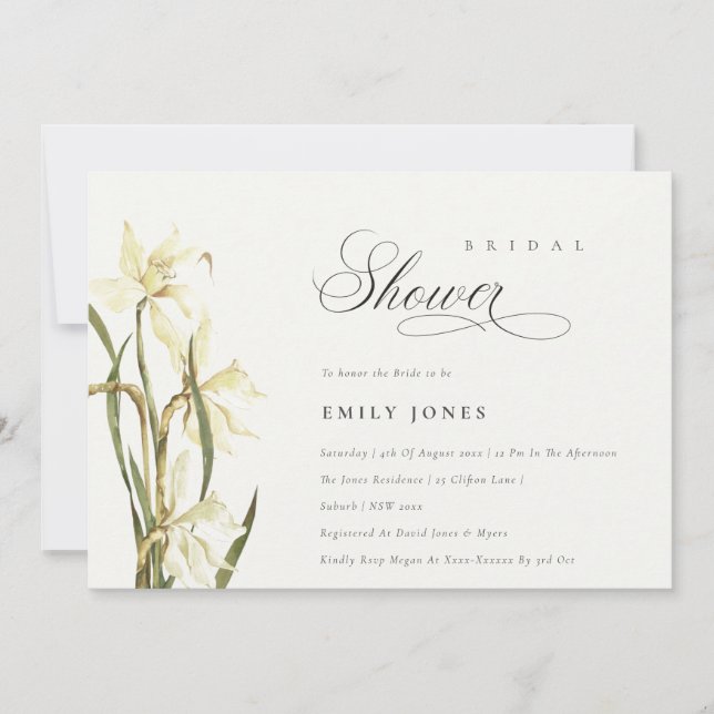Elegante Invitación a la ducha de novia de Daffodi (Anverso)