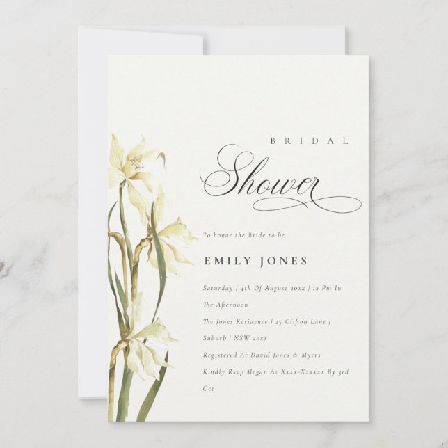 Elegante Invitación a la ducha de novia de Daffodi (Anverso)